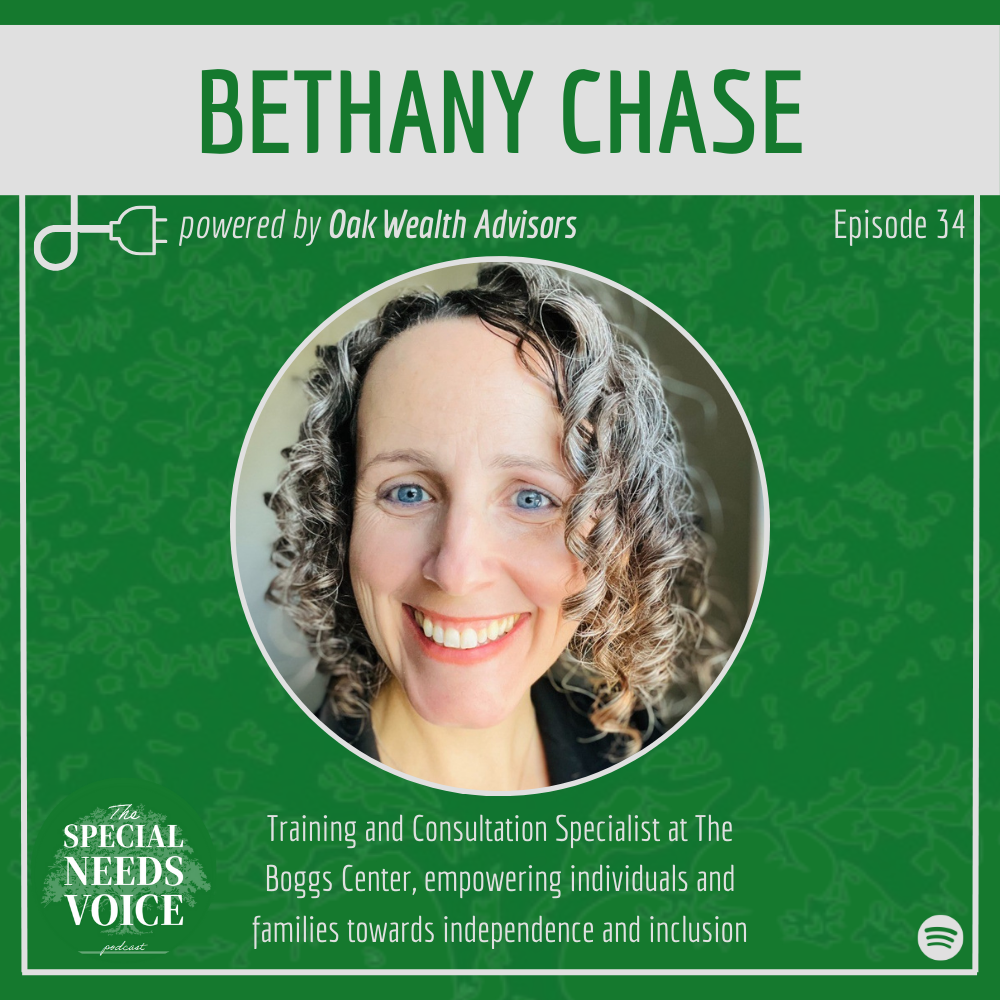 Special Needs Voice logo and text, “powered by Oak Wealth Advisors.” Bethany Chase headshot and text, “Bethany Chase, Training & Consultation Specialist at The Boggs Center.”