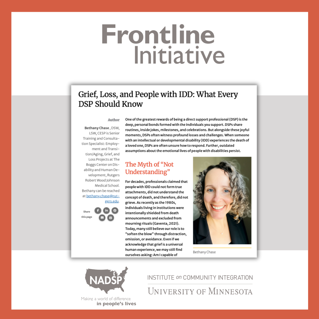 Image of article by author Bethany Chase, DSW, LSW, CESP, Frontline Initiative logo and tagline, NADSP logo, and Institute on Community Integration, University of Minnesota logo.