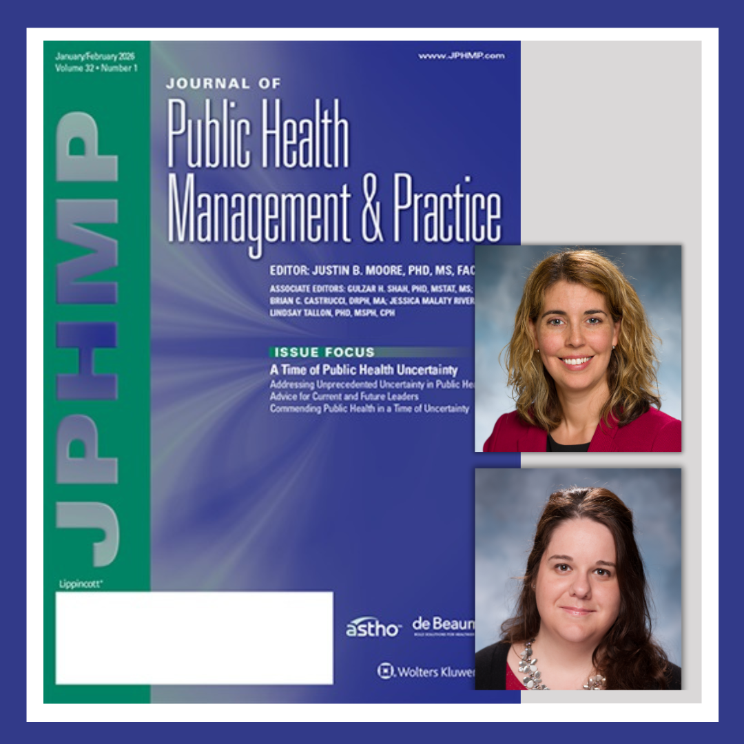 Cover of Journal of Public Health Management & Practice and headshots of Carrie Coffield and Melissa Cheplic