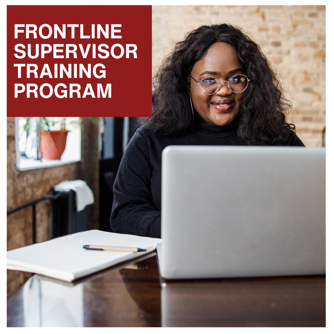 Frontline Supervisor Training Program text next to image of woman using laptop